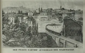 Pohled na první pražské&nbsp; nádraží v  r. 1845 (dnes Masarykovo)